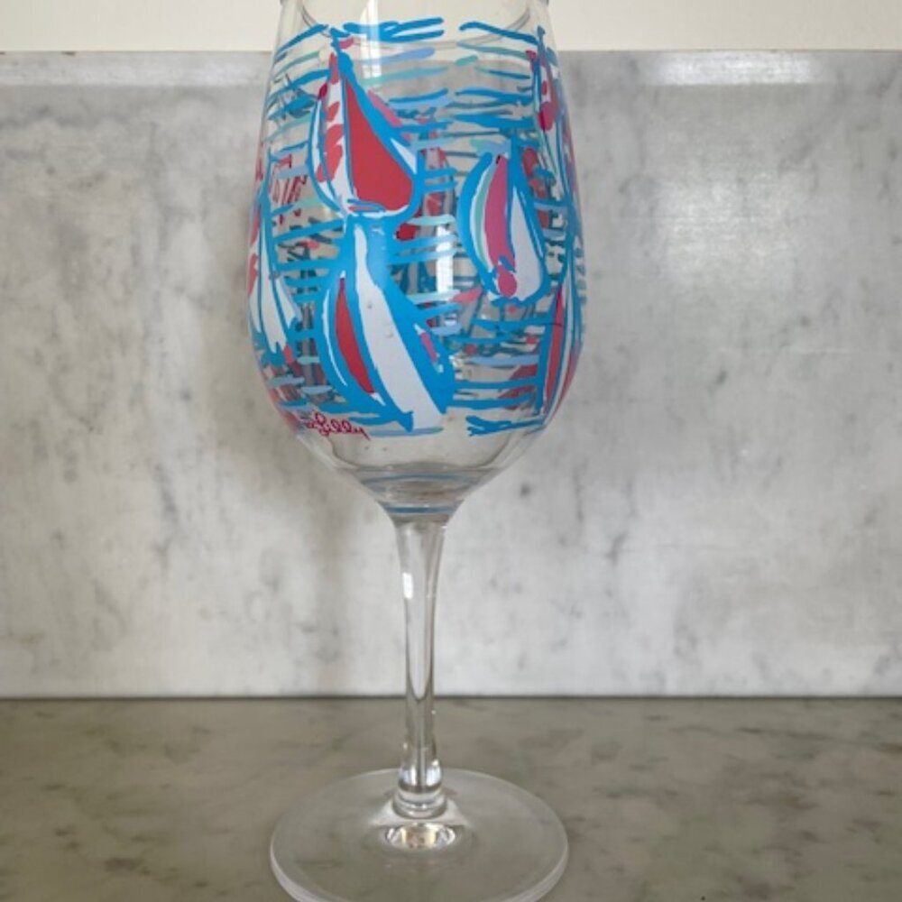 LILLY PULITZER Get Nauti Acrylic Wine Glass Goblet Blue White Pink Sailboat - Picture 5 of 12